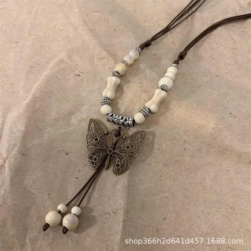 Wholesale New Chinese ethnic style retro ceramic butterfly beaded clavicle necklace